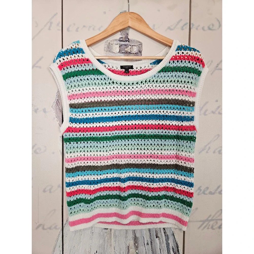 Talbots Crochet Sweater Vest SP Multicolor Striped Open Knit Coastal Preppy